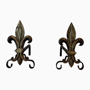 Bronze and Wrought Iron Lily Chenets, 1940s, Set of 2