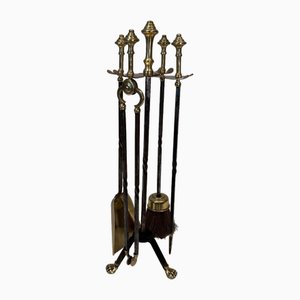 Brass and Brushed Steel Fireplace Tools with Stand attributed to the Maison Jansen, 1940s, Set of 5