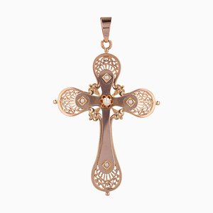 Large French 18 Karat Rose Gold Cross with Fine Pearls, 20th Century
