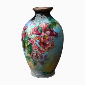 Floral Decor Vase in Enamel by Camille Fauré, Limoges