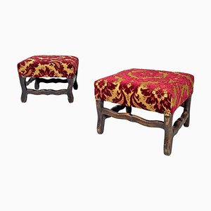 Antique French Poufs in Wood with Yellow and Dark Red Damask Fabric, 1850s, Set of 2