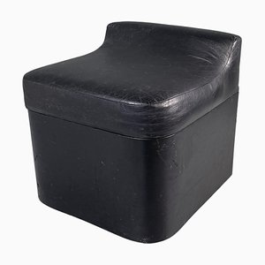 Italian Modern Squared Stool in Black Faux Leather with Wheels, 1980s