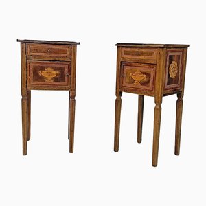 Antique Italian Wooden Bedside Tables with Inlaid Floral Decorations, 1750s, Set of 2