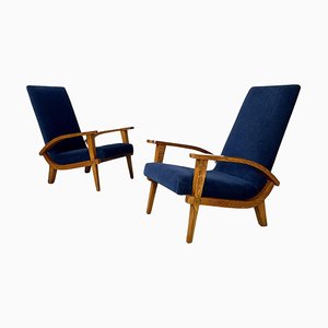 Italian Mid-Century Modern Wood and Blue Fabric Lounge Chairs, 1950s, Set of 2