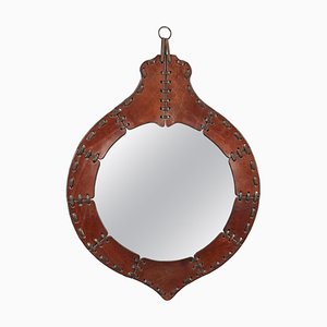 Mid-Century Teardrop Wall Mirror in Leather in the style of Jacques Adnet, Italy, 1960s