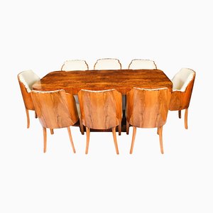 Art Deco Burr Walnut Dining Table and Cloud Back Chairs, 1920s, Set of 9