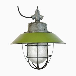 Industrial Green Enamel and Cast Iron Cage Pendant Light, 1960s