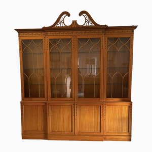 Large Satinwood Astral Glazed Breakfront Display Cabinet with Original Painted Decoration, 1930s