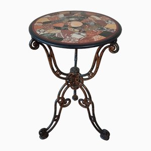 Cast Iron Round Bistro Table with Inlaid Intarsia Marble Mosaic, 1890s