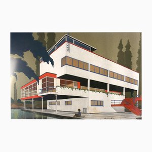 Plan et Dessin de Marcel Seger, Bauhaus Villa, 1932, Fusain & Pastel, Set de 2