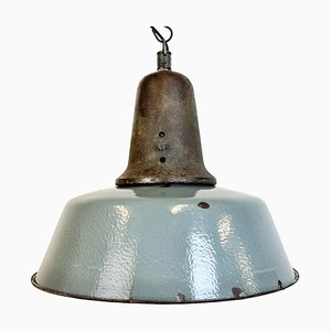 Large Industrial Grey Enamel Factory Lamp with Cast Iron Top, 1960s