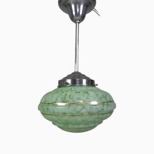 Lampe à Suspension Art Déco avec Abat-Jour en Verre Vert Nuageux, 1930s