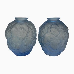 Art Deco Frosted Glass Vases with Chrysanthemums and Leaf Decor, 1930s, Set of 2