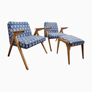 Mid-Century Modern Bunny Armchairs with Footstool attributed to Józef Chierowski, Polish, 1970s, Set of 3