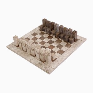Modernes Schachspiel aus Zweifarbigem Travertin, Italien, 1970er