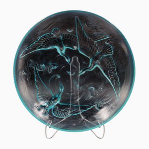 Art Deco Glass Bowl in a Aquablue Colour Representing Water Scene with Wild Geese, Waves and Fishes from Verlys, France, 1930s