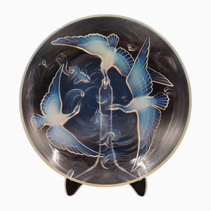 Art Deco Opalescent Glass Bowl with Wild Geese, Fish and Waves by Verlys, France, 1930s