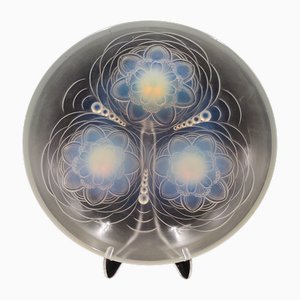Art Deco Opalescent Glass Bowl with Lotus Flowers and Water Ripples by Sabino, France, 1930s