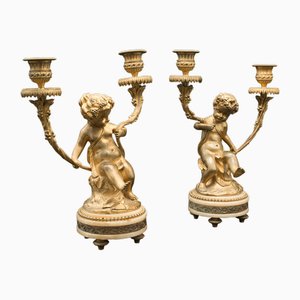 French Victorian Cherubic Candleholders Gilt and Onyx, Set of 2