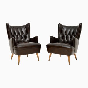 Vintage Italian Leather Wing Back Armchairs, 1960s, Set of 2