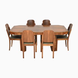 Art Deco Walnut Dining Table and Chairs, 1920s, Set of 7
