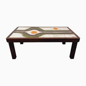 Vintage Coffee Table in Dark Wood and Ceramic of Vallauris by Jean Dasti, 1970s