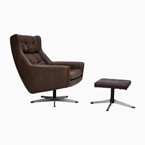 Set of Danish Swivel Chair with Footstool in Leather, 1970s