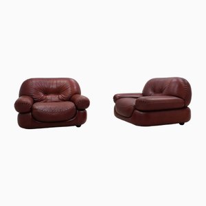 Brown Leather Armchairs from Mobil Girgi, 1970s, Set of 2