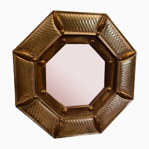 French 8-Sided Metal and Brass Mirror, 1970s