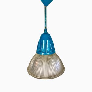 Industrial Bauhaus Factory Pendant Lamp in Blue Holophane Glass, 1920s