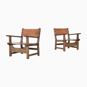 Spanish Lounge Chairs in Oak and Saddle Leather, 1960s, Set of 2