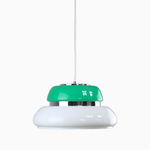 Lampada da soffitto Space Age verde in vetro acrilico bianco e verde e metallo cromato, Italia, anni '70