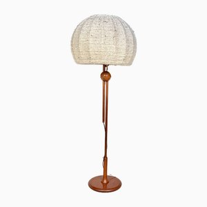 Large Height Adjustable Teak Floor Lamp with Brass Details & Woolen Lampshade from Temde Leuchten, 1960s