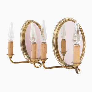 Lámparas de pared vintage de latón con espejo, años 40. Juego de 2