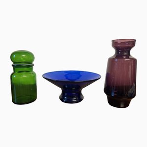 Vintage Vase, Grünes Glasgefäß mit Deckel und Schale, 3er Set