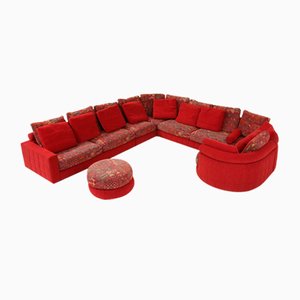 Sofá modular Roche Bobois de tapicería roja y estampada, años 80. Juego de 6