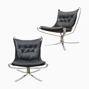 Chaises Falcon Vintage Scandinaves en Chrome et Cuir par Sigurd Resell, Set de 2