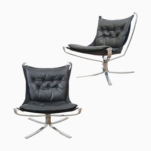 Vintage Scandinavian Modern Chrome & Leather Falcon Chairs by Sigurd Resell, Set of 2