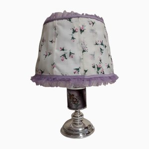 Art Nouveau Lamp with Silver-Plated Metal Foot with Ceramic Insert and Suitable Fabric Screen, 1890s