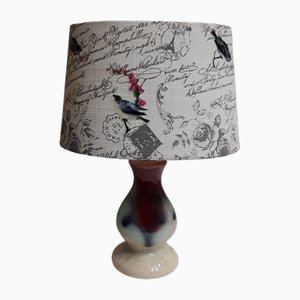 Mid-Century German Table Lamp with Purple-Pave Ceramic Foot and Printed Oval Fabric Umbrella, 1950s