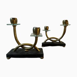 Italian Art Deco Brass, Marble and Glass Table Lamps in the style of Gio Ponti, 1930s, Set of 2