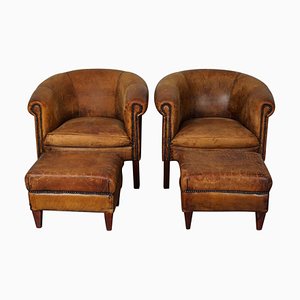 Vintage Dutch Cognac Leather Club Chairs with Footstools, Set of 4