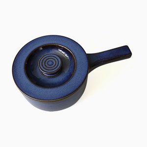 Pentola Kosmos vintage in ceramica smaltata blu con manico e coperchio di Gefle, Svezia