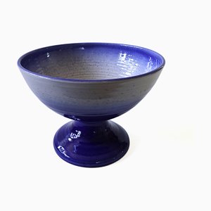 Large Handmade Blue and White Ceramic Bowl on Foot, Sweden