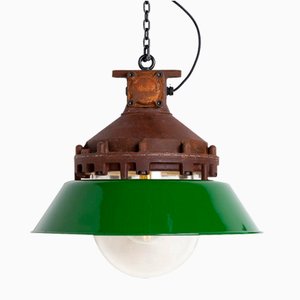 Lampe à Suspension Industrielle Antidéflagrante Rouillé avec Diffuseurs en Émail Vert de Victor, 1920s