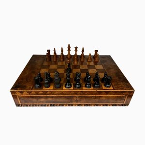 Table Chess Board in Wood & Walnut, 1940s, Set of 33