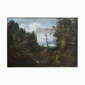 Paesaggio di montagna animato con architettura, 1800, Olio su tela