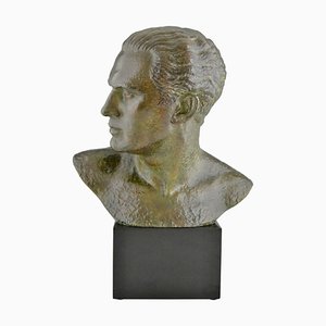 Sculpture Art Déco en Bronze Buste Homme Aviateur Jean Mermoz en Bronze et Marbre par Lucien Gibert, 1925