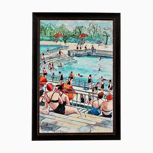 Tavolo Christiane Caillotin Vue De Ma, piscina, anni '20, inchiostro, acquerello e acrilico
