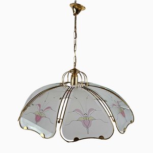 Italian Satin Glass and Brass Chandelier with Floral Decorations, 1970s